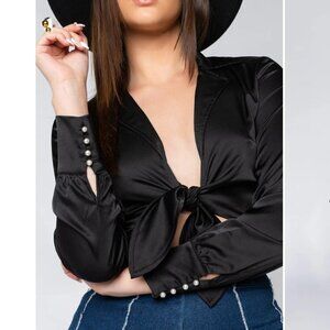 NAYELLI SATIN TIE FRONT BODYSUIT BLACK Size Medium